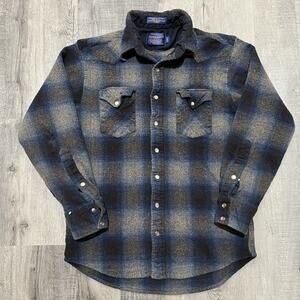 VTG Pendleton Shadow Plaid Western Wool Pearl Snap Plaid Long Sleeve Shirt L